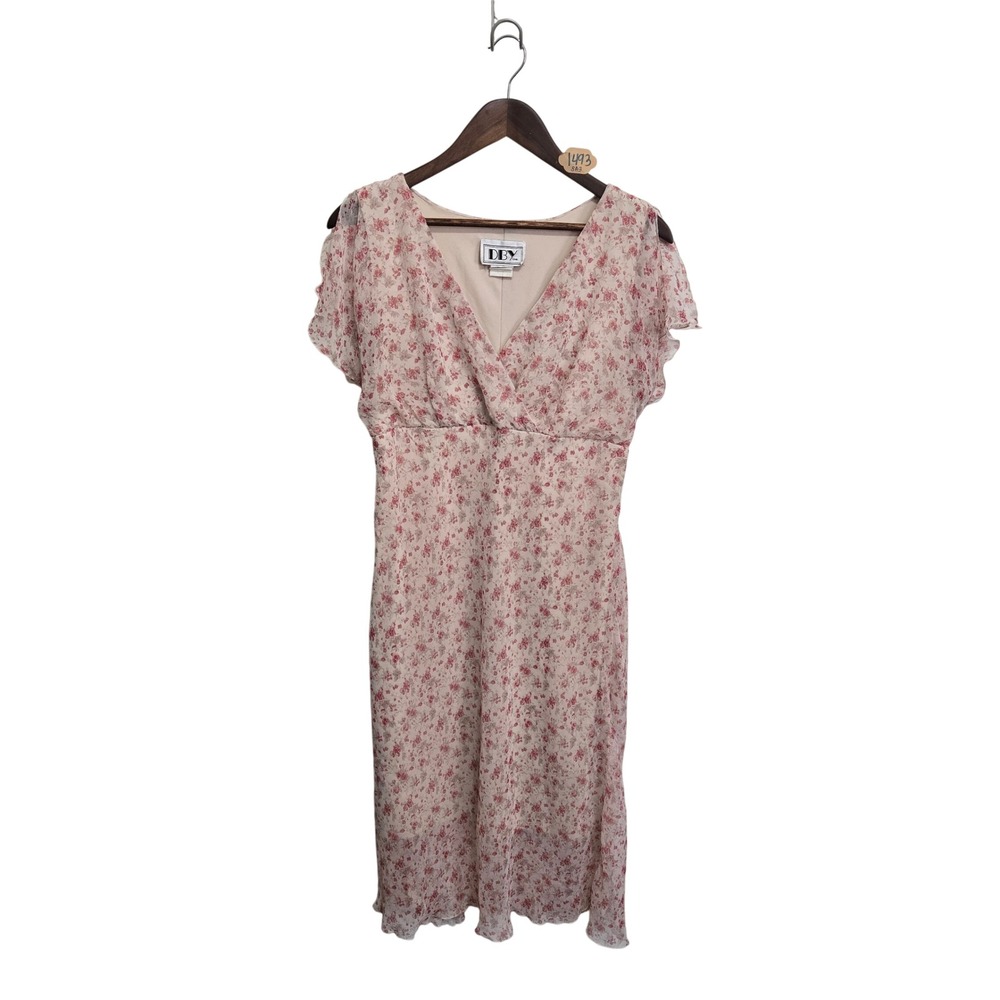 Vintage DBY Ltd Pink Floral Chiffon Midi Dress V-Neck Flutter Sleeve Size 11/12